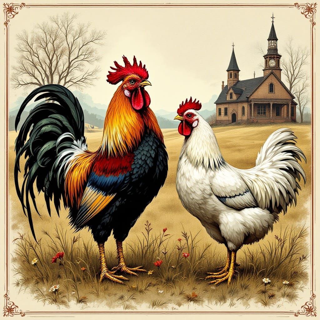 Gothic Rooster and Chicken Stand Tall in Morning Light