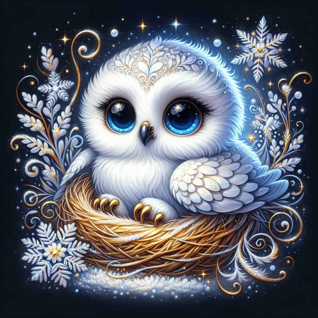 Chibi Snowy Owl in Nest: Acrylic-Oil Painting
