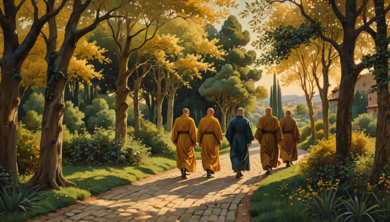 Monks Walking in an Idyllic Landscape, Renaissance Style