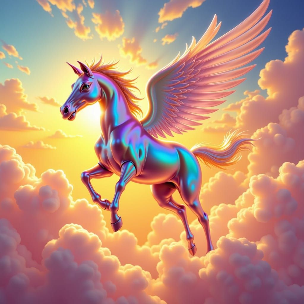 Iridescent Pegasus Soaring Through Sunrise Sky