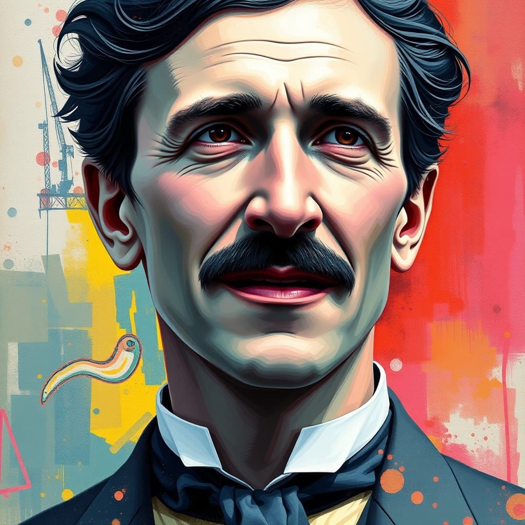 Nikola Tesla in Vibrant Abstract Art