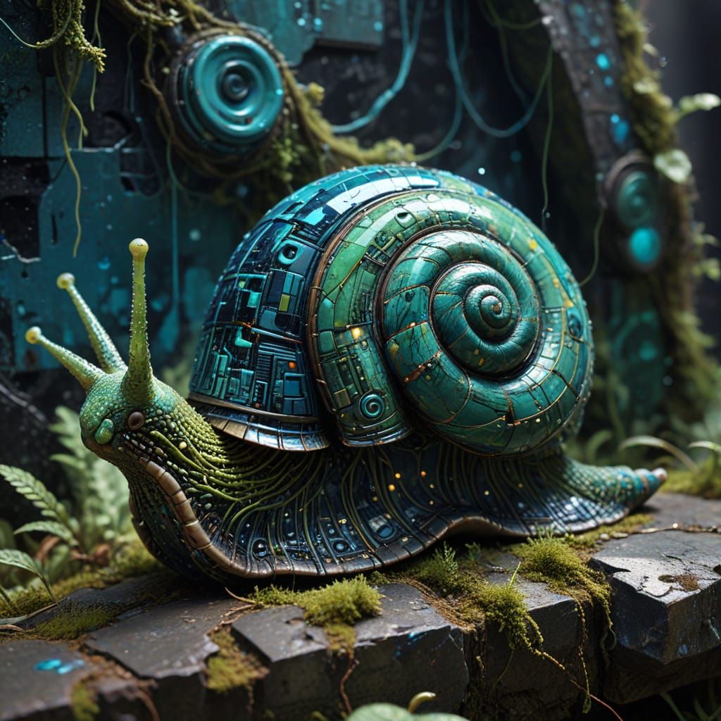 Surreal Circuit Snail Crawling on Crumbling Wall