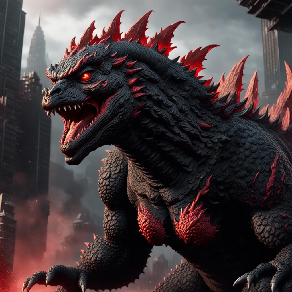 Red and Black Female Godzilla: Detailed Matte Painting
