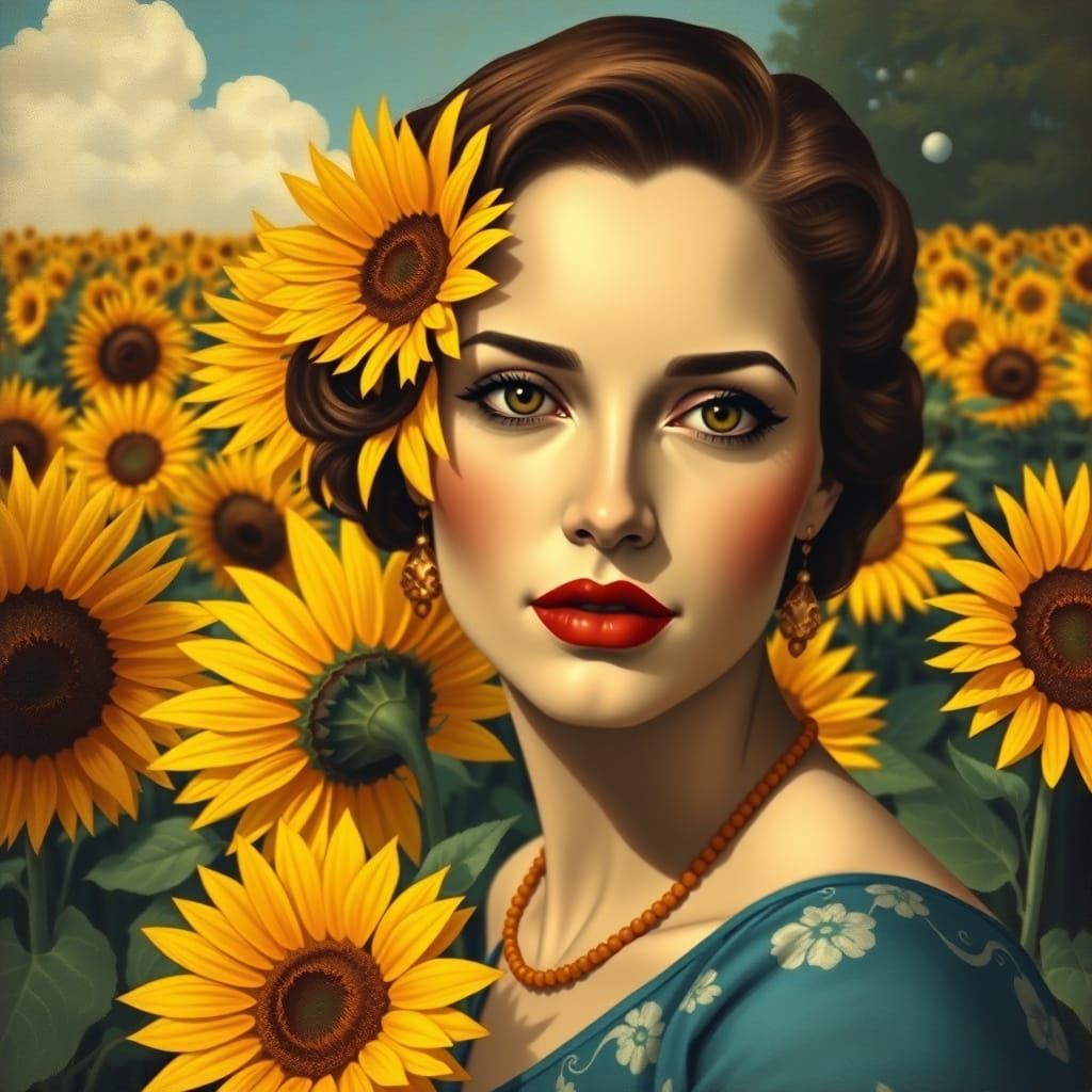 Art Deco Sunflower Portrait in Tamara Lempicka Style