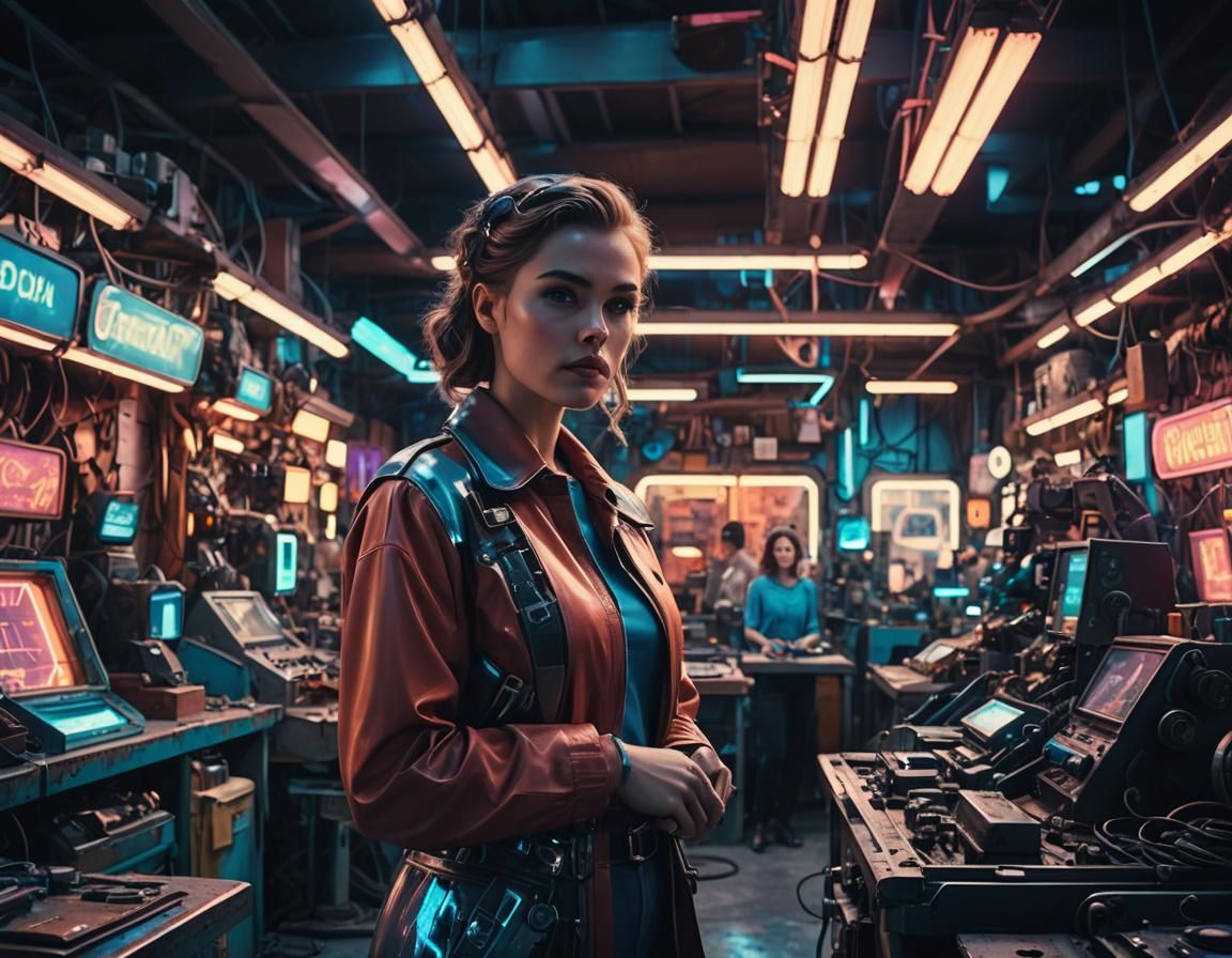Neon Noir: Retro-Futuristic Woman in Repair Shop