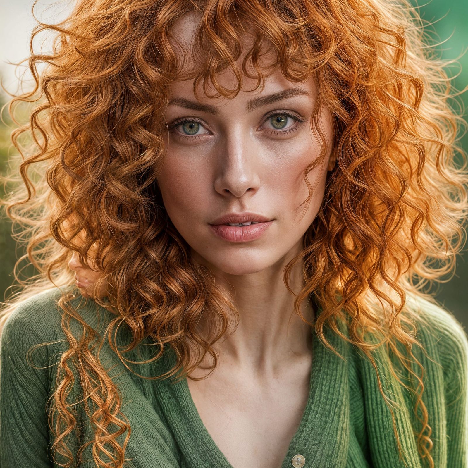 Radiant Woman in Green Cardigan: Hyper-Realistic Portrait