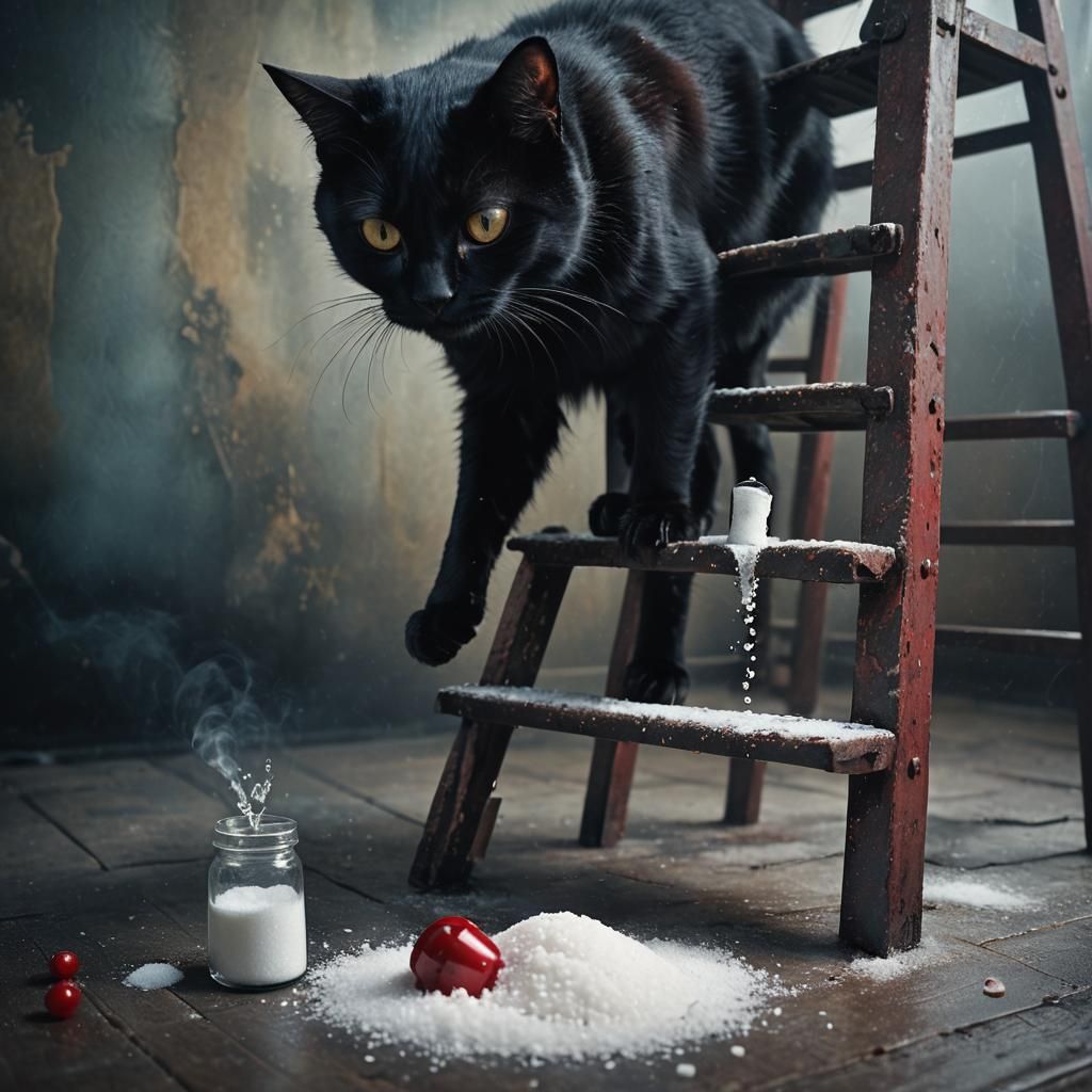Ominous Black Cat Spills Salt: Dark Surrealism