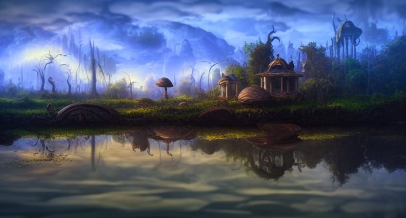 Swamp Mushroom Village: Art Nouveau Rococo Architecture