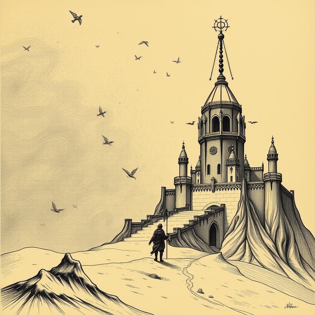 Fiery Jinn Guarding Sand Castle in Sepia Ink