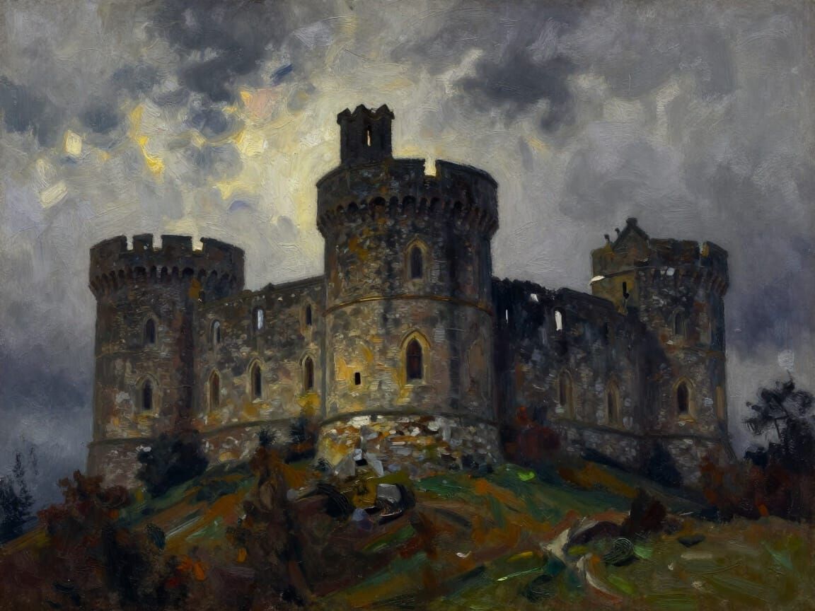 Majestic Ruined Castle in Stormy Gouache Style