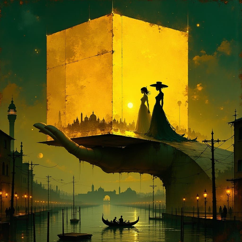 Golden Cube Opera in Venice Under Eerie Sky