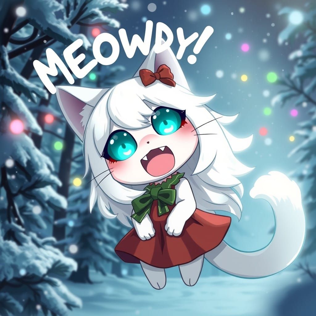 Surreal Anime Catgirl Basks in Winter Wonderland