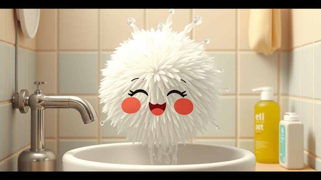 Kawaii Pompom Character Washing Hair in 60s Japanese Ad Styl...