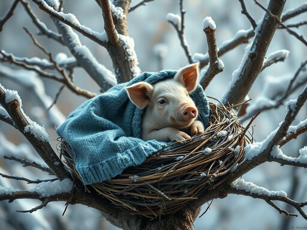 Hyperrealistic Pig in Snowy Nest, Ethereal Digital Art
