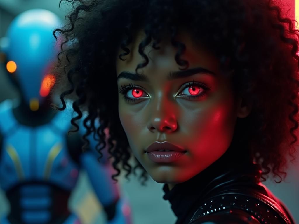 Latina with Glowing Red Eyes in Sci-Fi Style