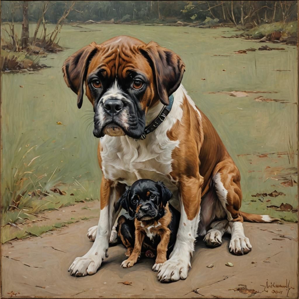 Boxer and Spaniel in Oil Painting Style