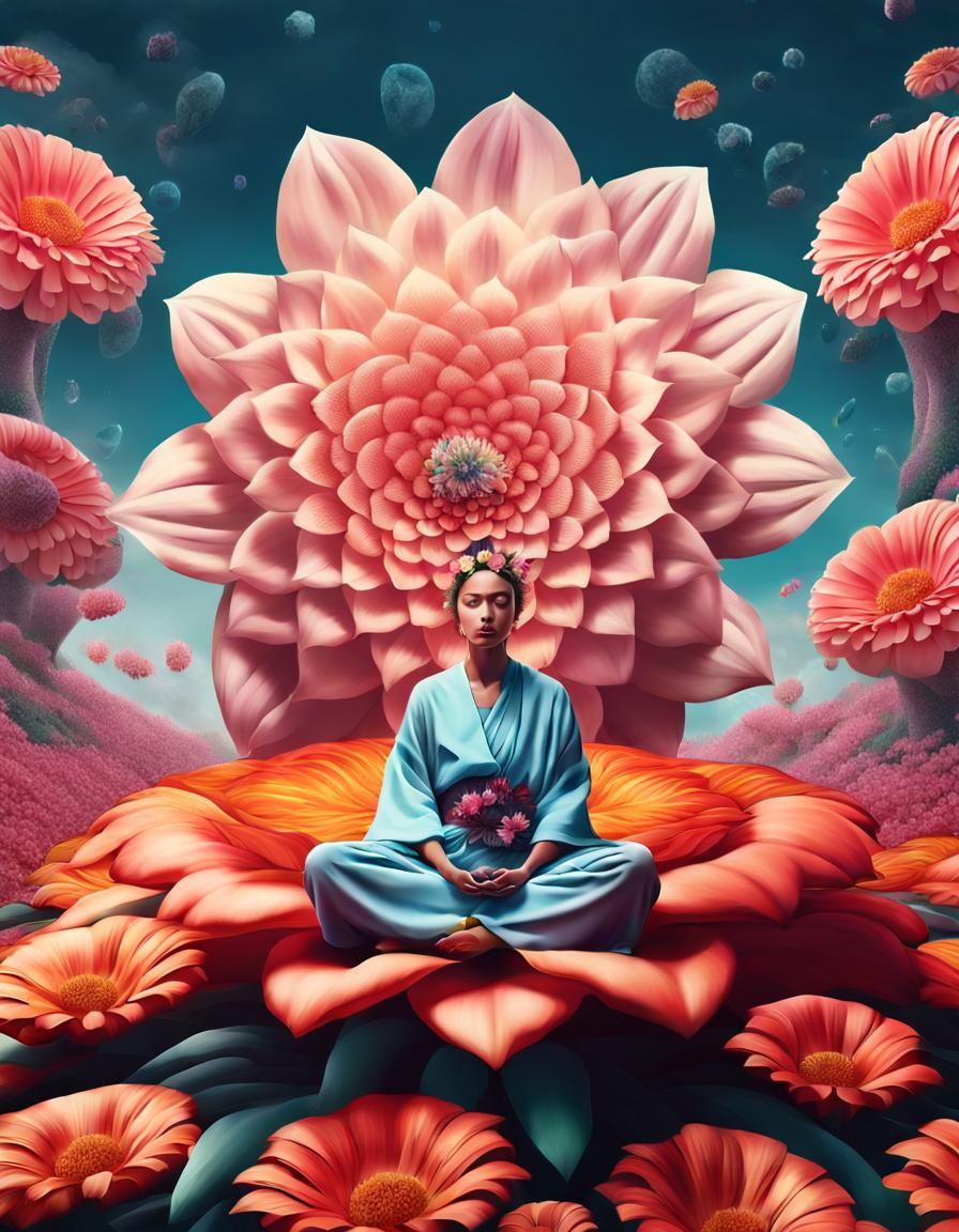 Surreal Meditating Woman on Giant Flower in 8K