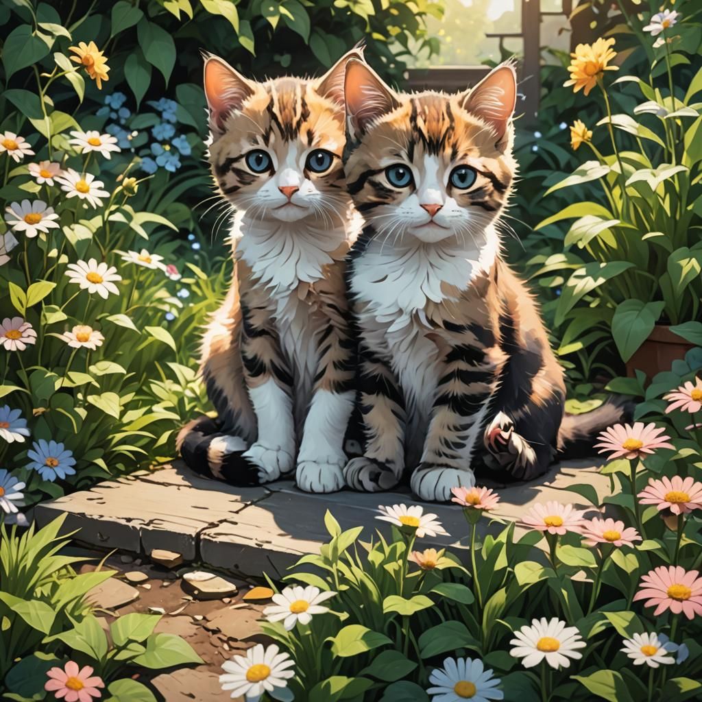 Cute Kittens in Garden: Anime-Style Digital Art