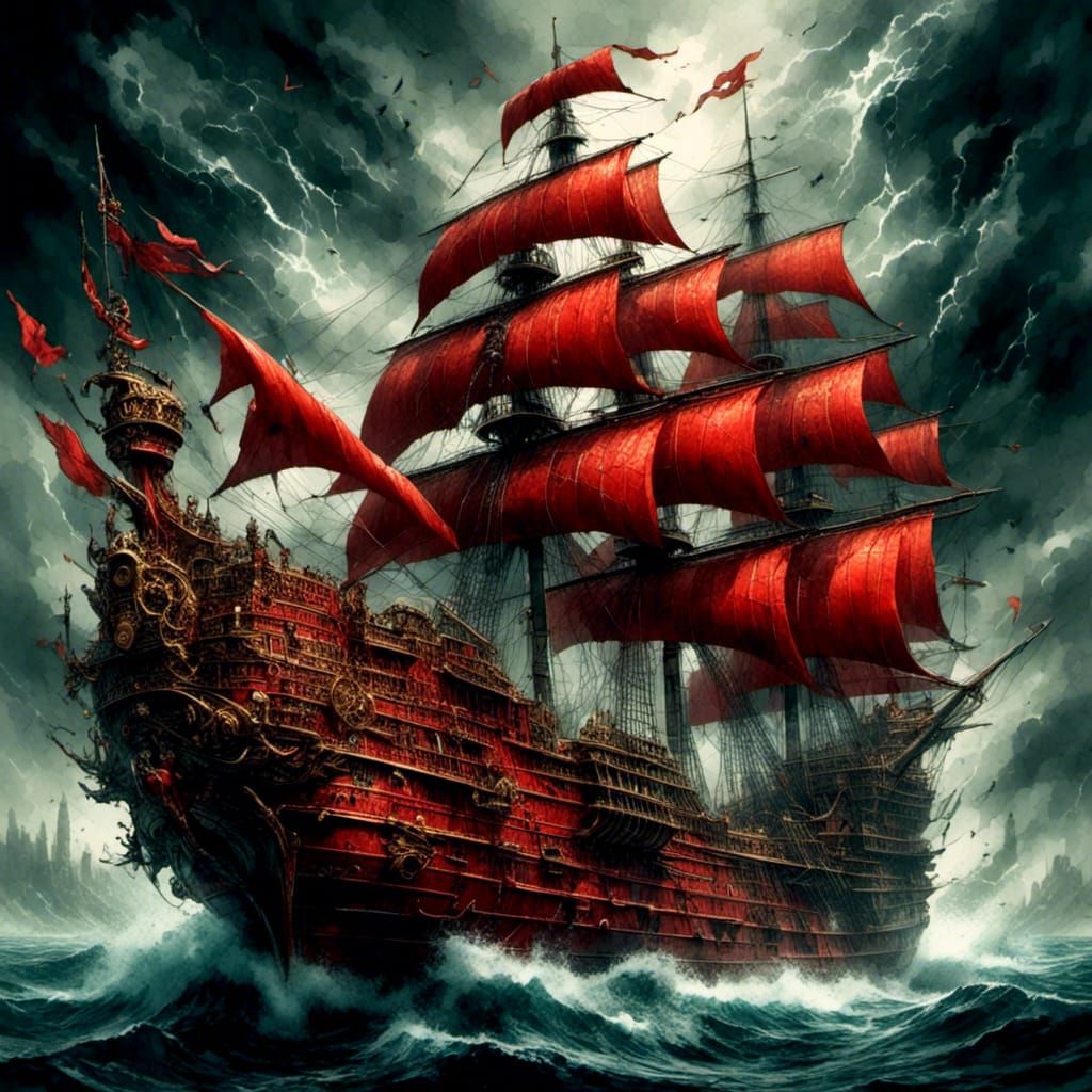 Red Pirate Ship Amidst Stormy Seas