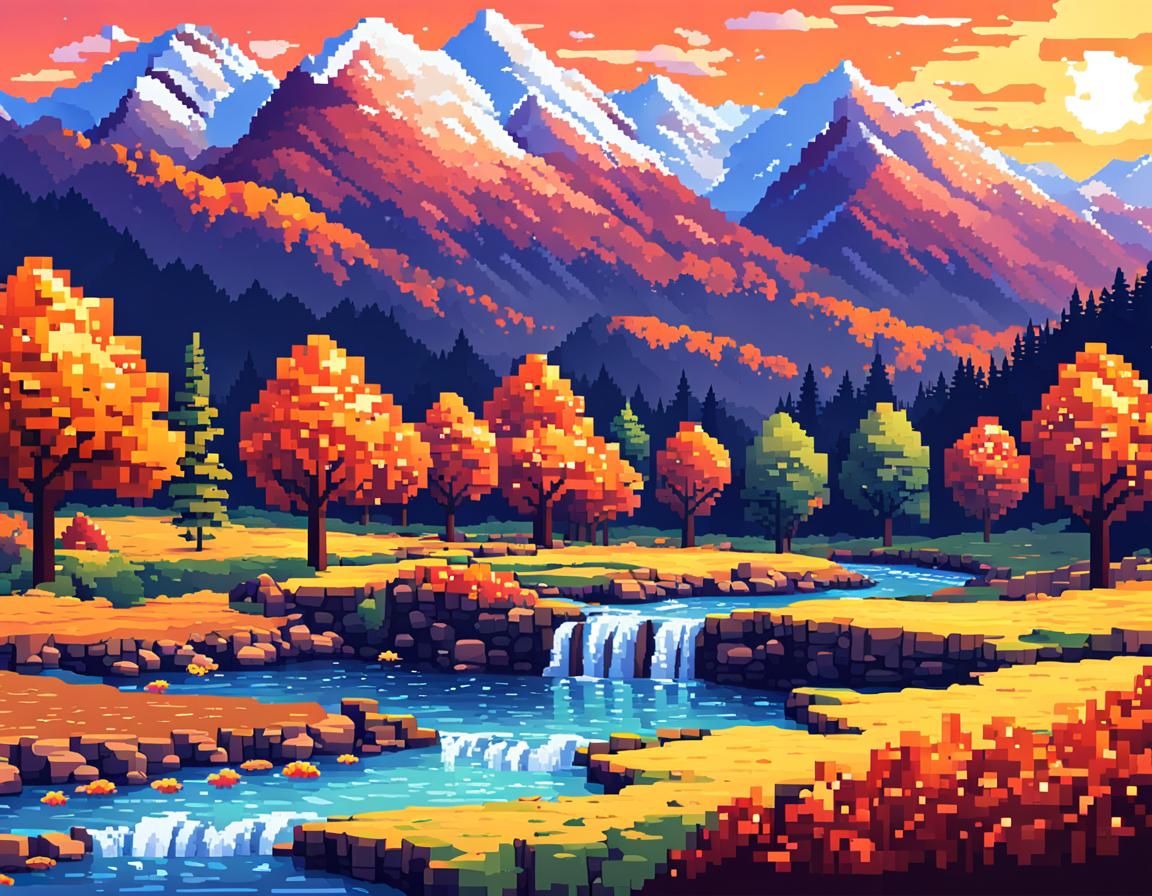 Pixelated Autumn Landscape with Mountains and Stream