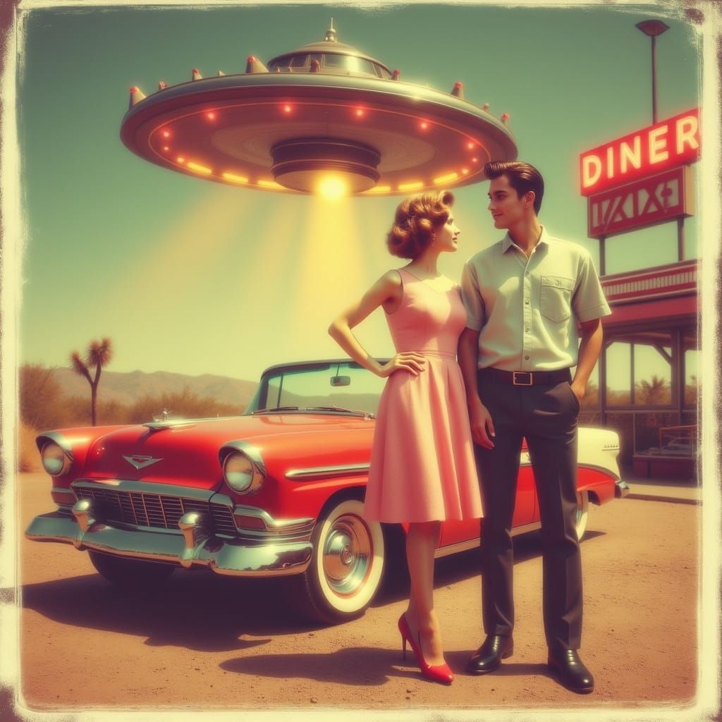 1950s Couple Spot UFO at Diner in Retro Polaroid Style