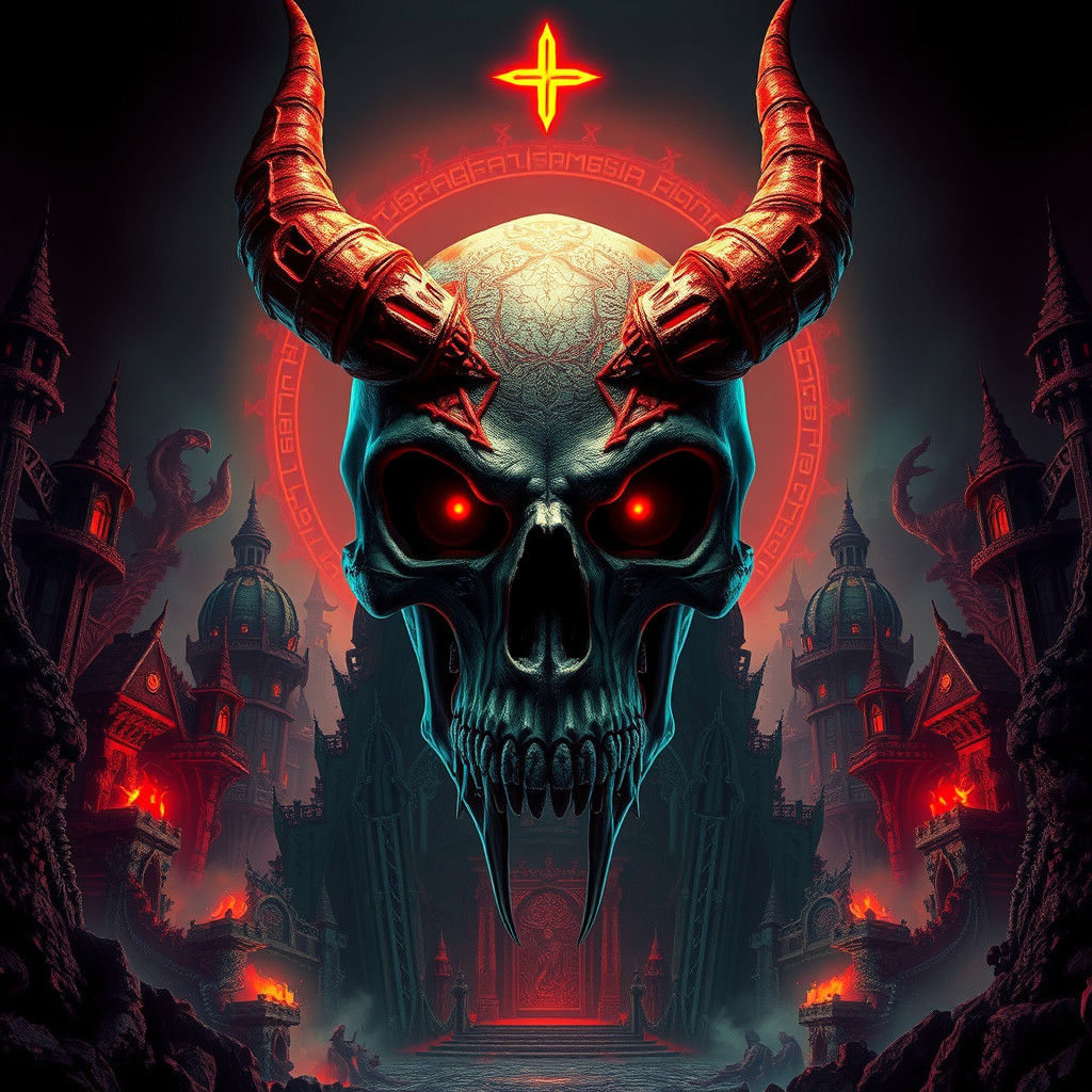 Hellish Skull with Demonic Horns and Runes