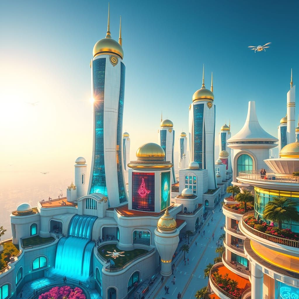 Futuristic Cityscape Under Cerulean Sky