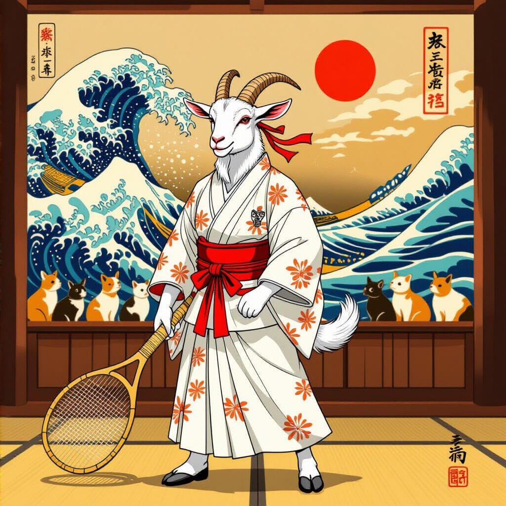 Heroic Goat on Kabuki Stage in Ukiyo-e Style