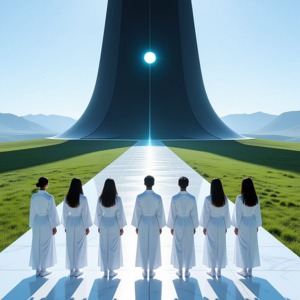 Dystopian Sci-Fi Tower with Silhouettes on Meadow