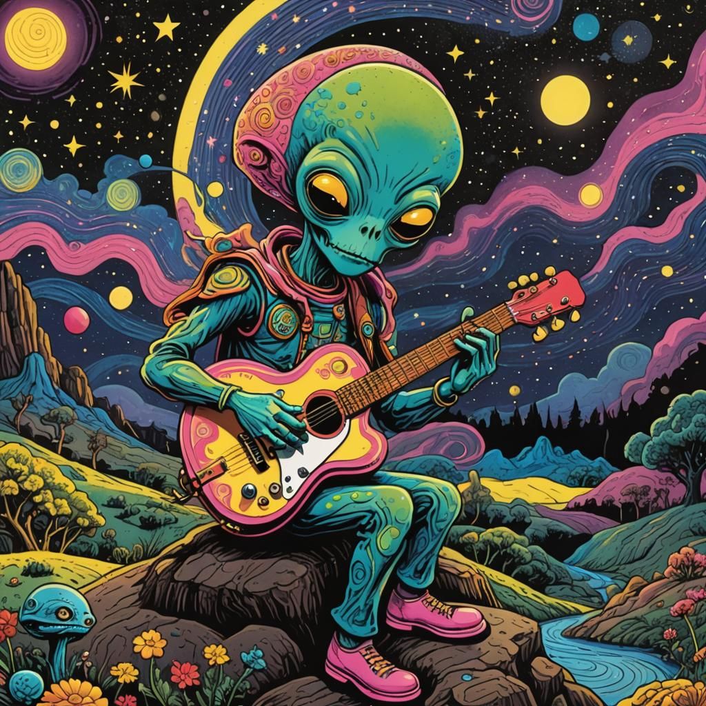 Psychedelic Alien Guitarist in Underground Comix Style