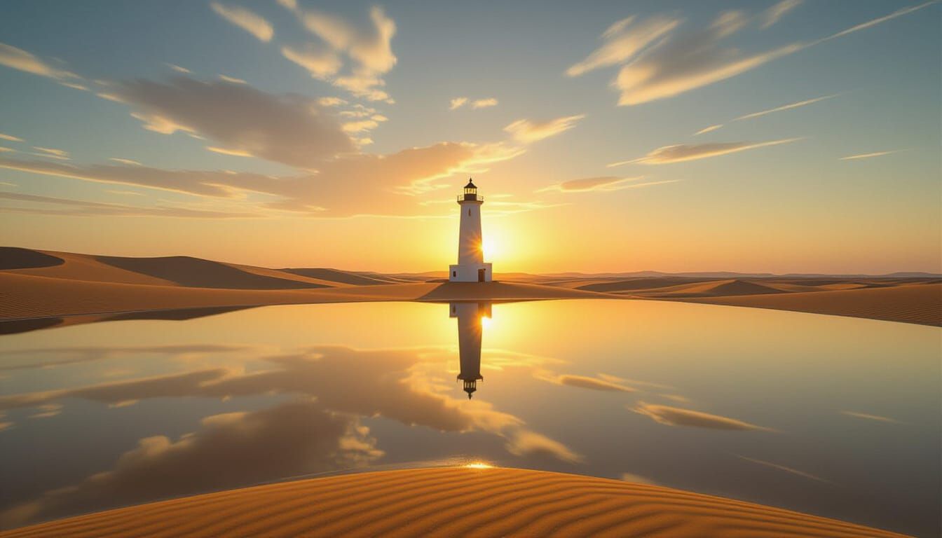 Lighthouse in Mirrored Desert: Hyperreal Photography