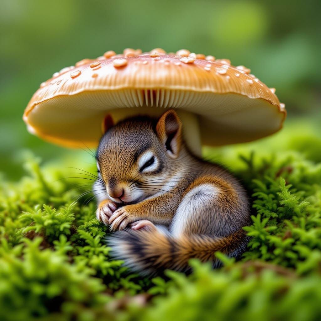 Baby Squirrel Sleeping Under Mushroom Umbrella