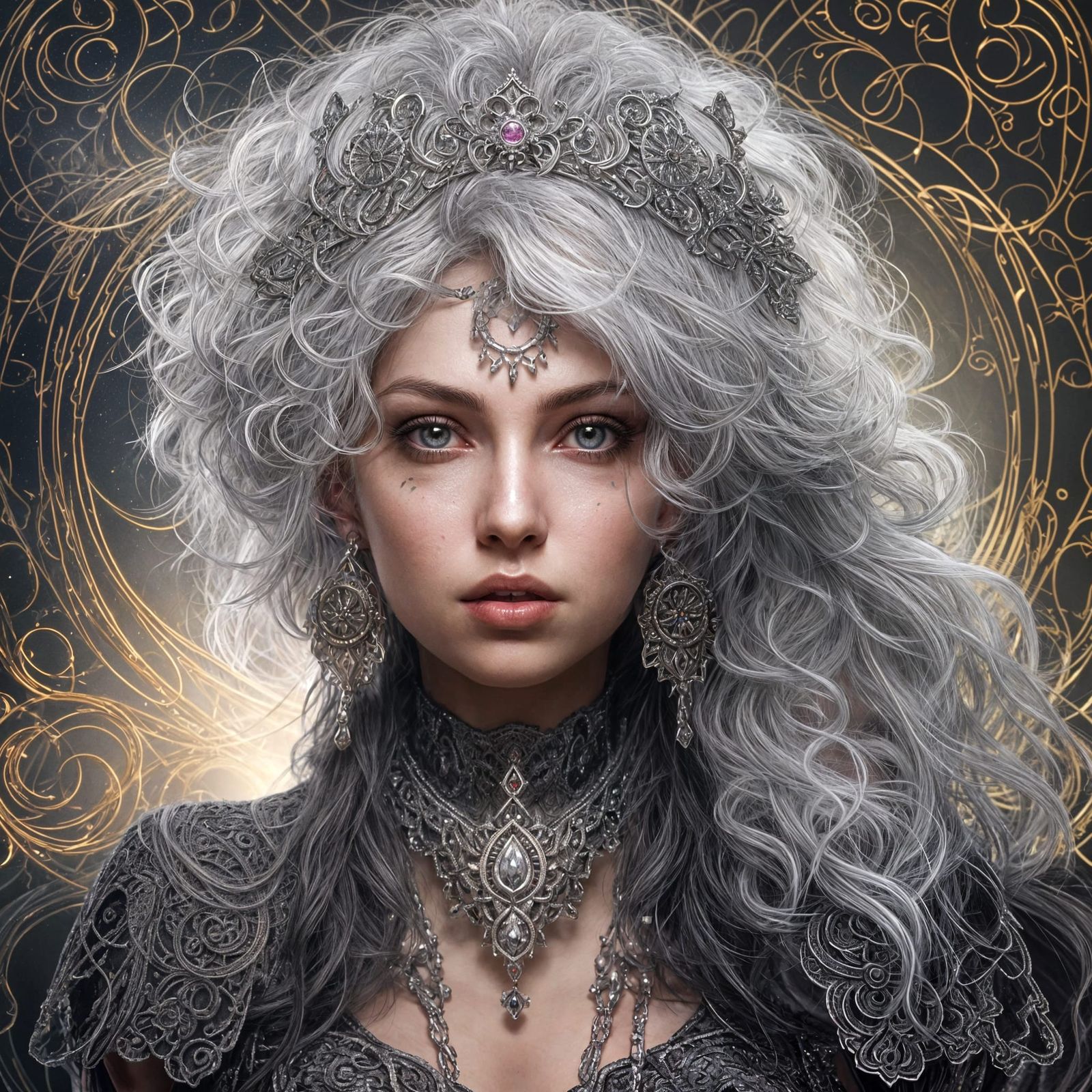 Silver-Haired Princess Portrait in Art Nouveau Style