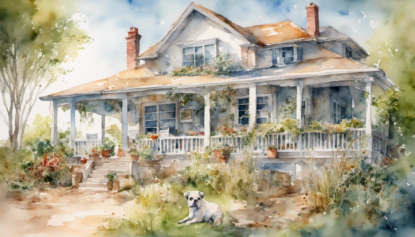 Pugs Relaxing on Beach House Porch in Watercolor