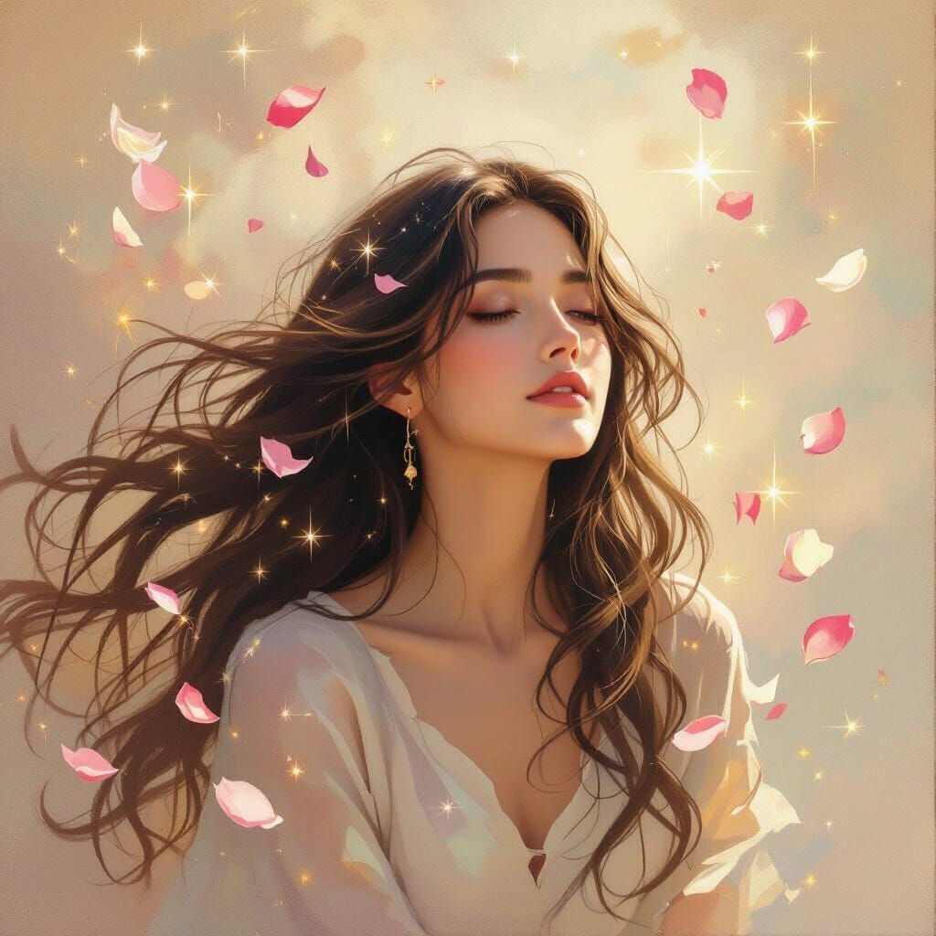 Dreamlike Figure Surrounded by Abstract Shapes in Oil Paint