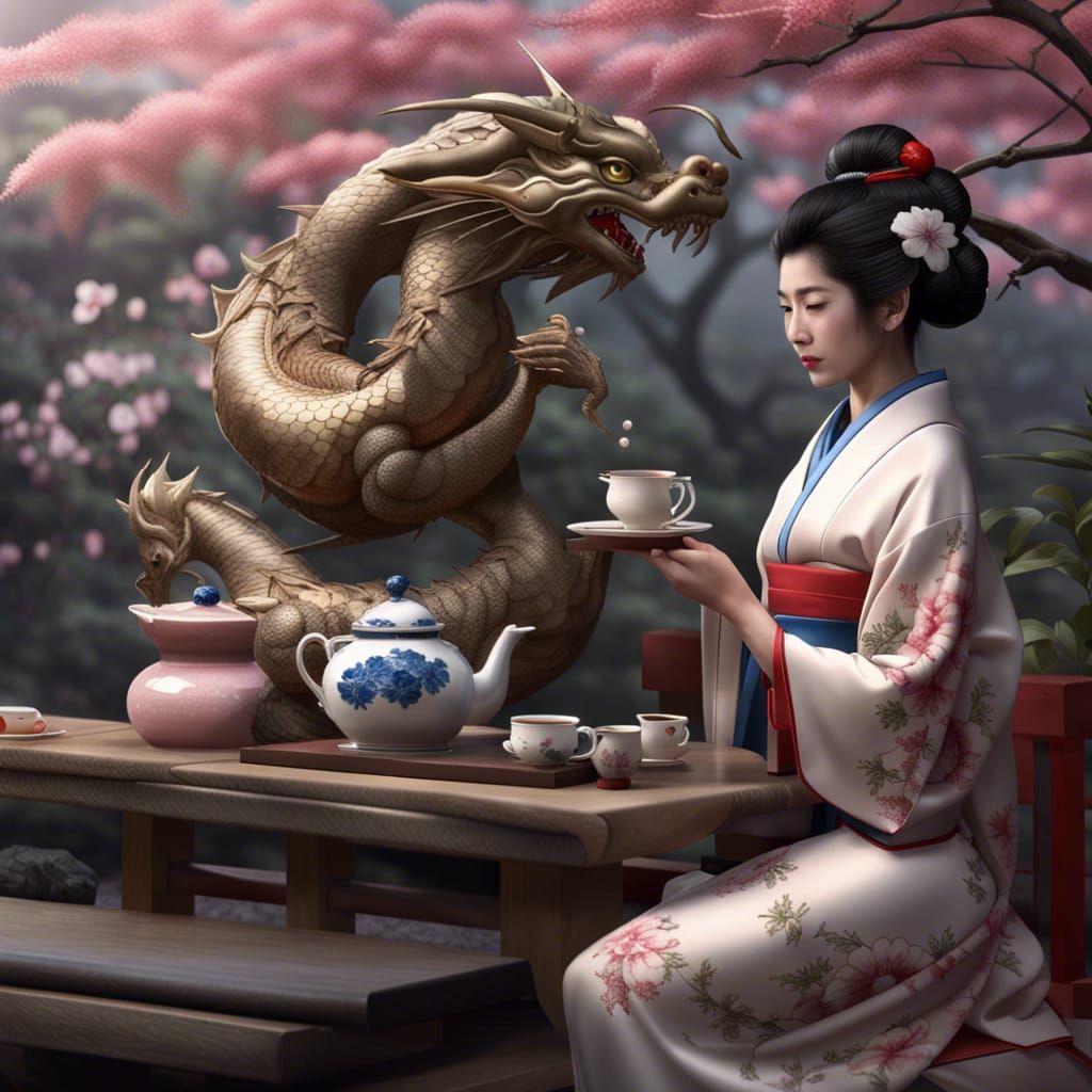 Une geisha et son dragon prennent le thé dans le jardin japonais fleuri de cerisier du japon, 8k resolution concept art ...