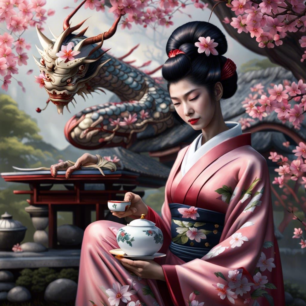 Une geisha et son dragon prennent le thé dans le jardin japonais fleuri de cerisier du japon, 8k resolution concept art ...