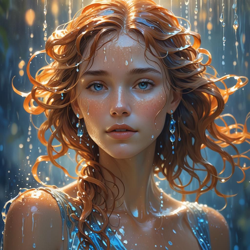 Elegant Woman with Water Splashes, Art Nouveau Style