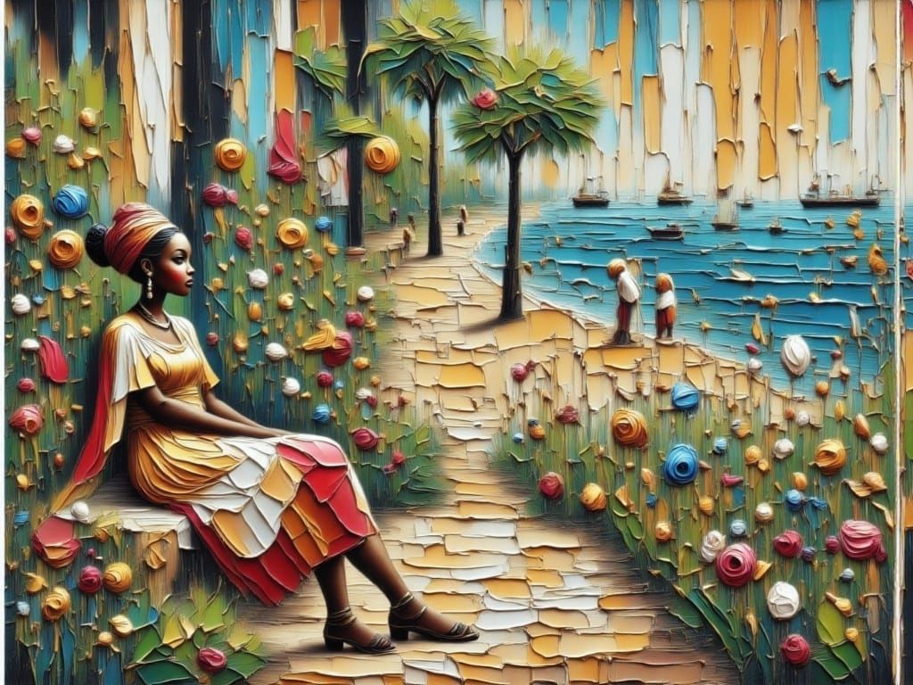 Elegant Woman at Cafe in Impasto Style