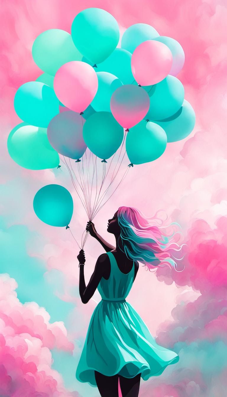 Girl with Balloons: Whimsical Alcohol Ink Illustration
