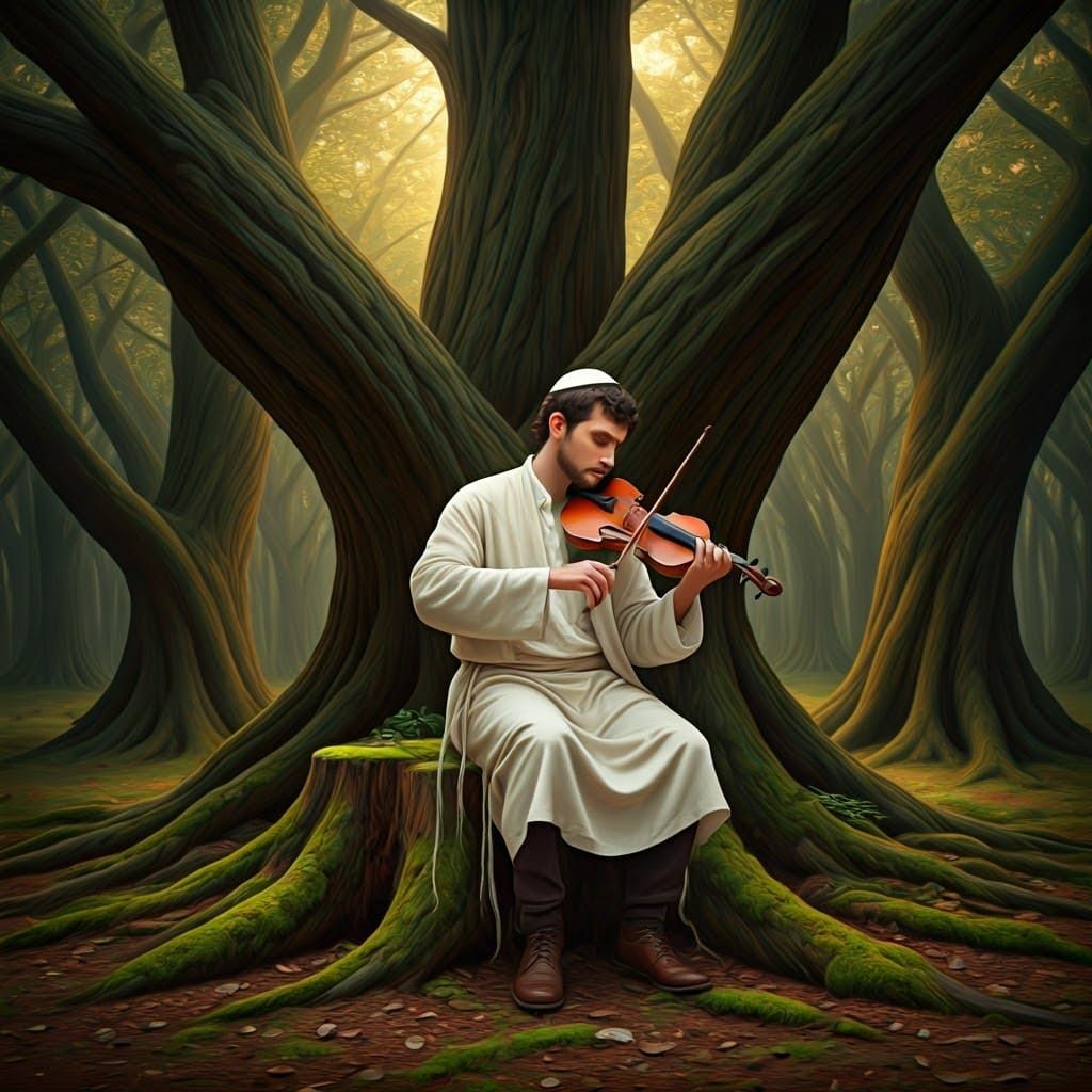 Young Man Plays Violin in Forest Glade, in a Medieval Style