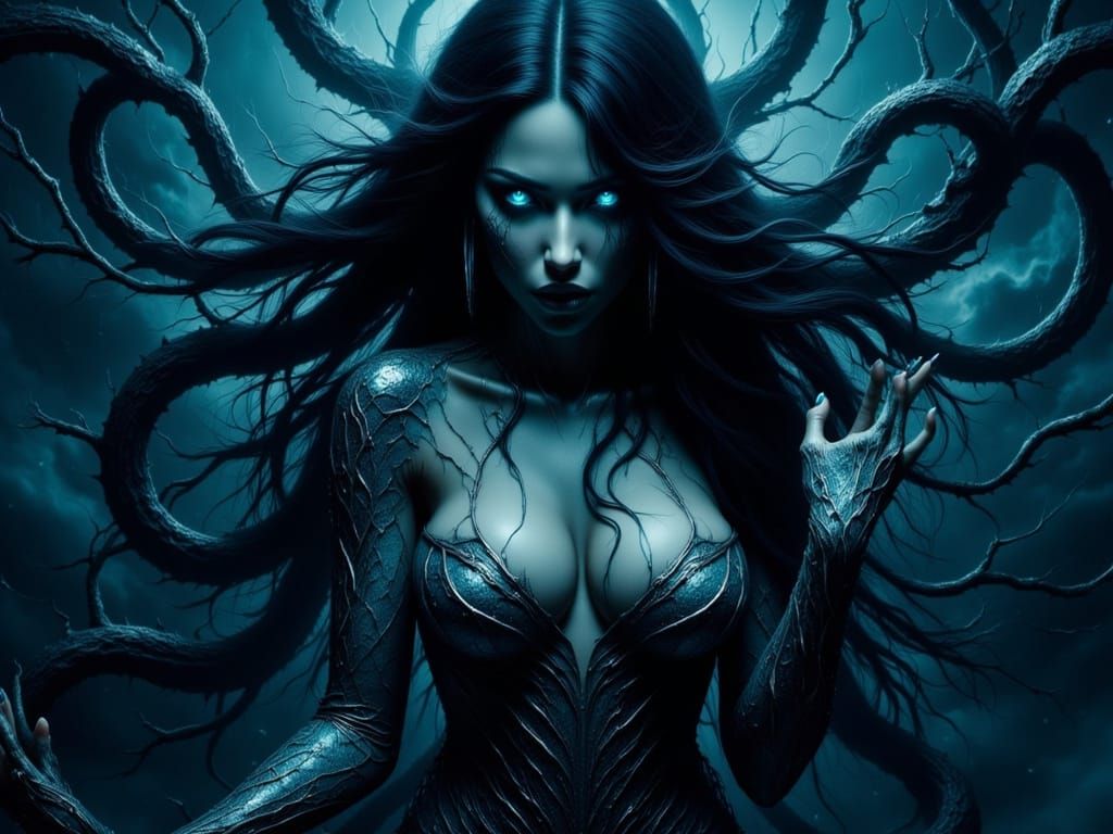 Mysterious Siren Dragging Down a Damsel in the Dark Ocean