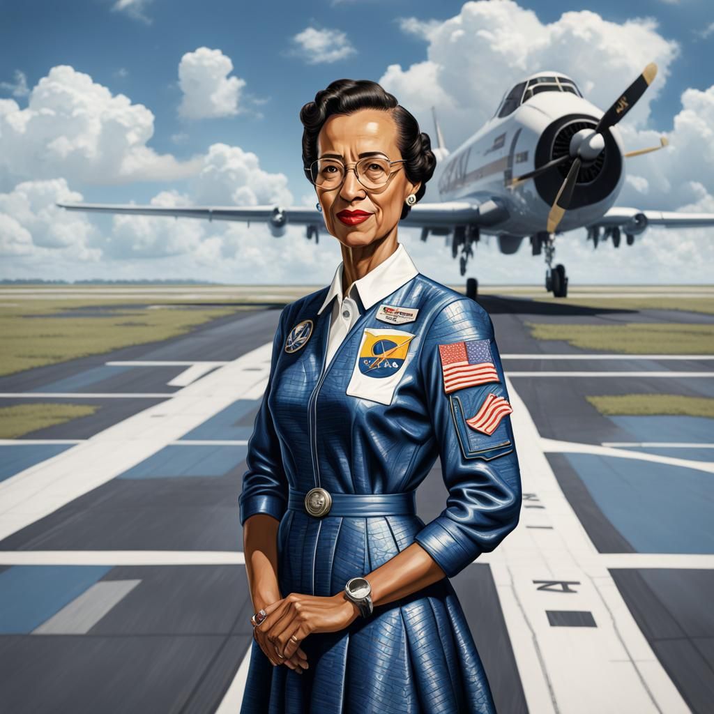 a picture of young Katherine Johnson standing on a NASA runw...