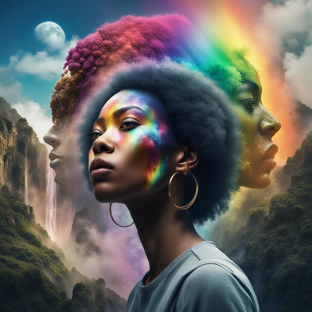 Hybrid Portrait: Lunar Waterfalls in Double Exposure