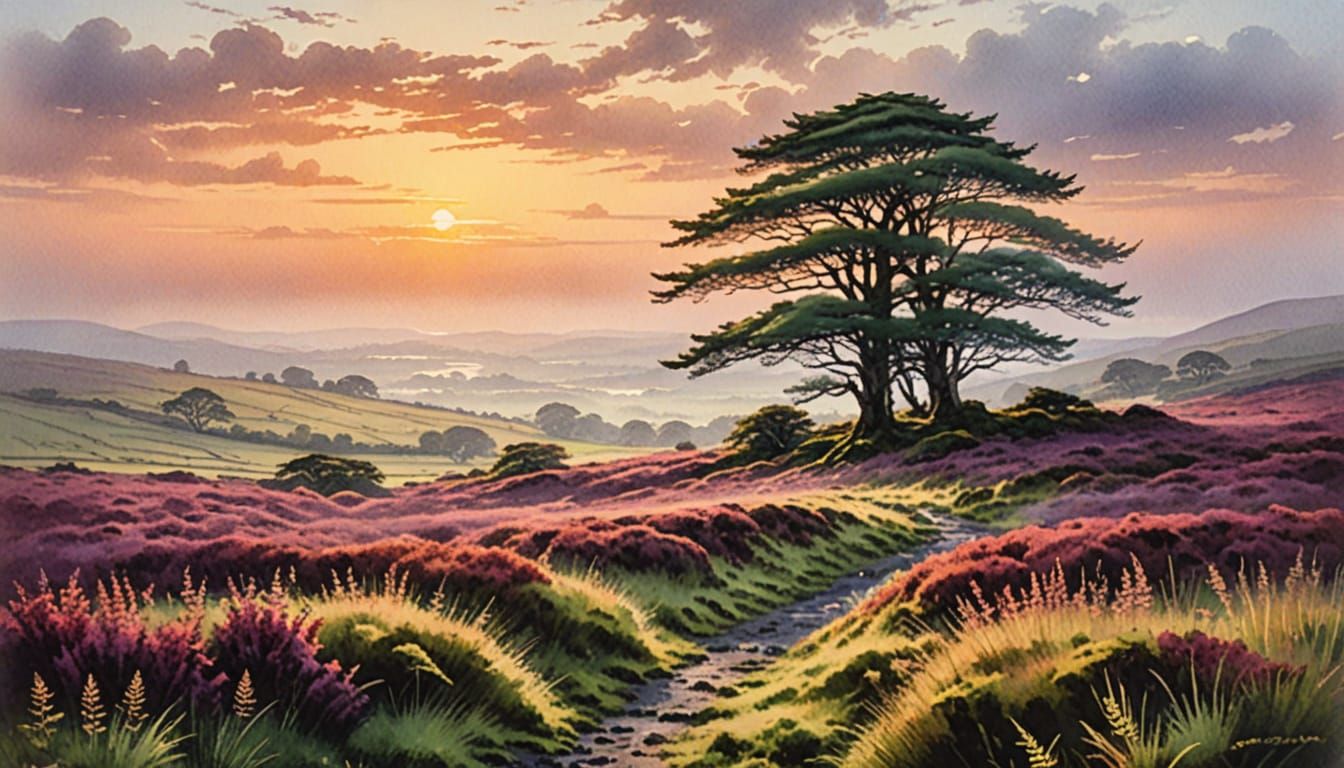 Ireland's Misty Moor Sunrise in Soft Pastel Watercolors