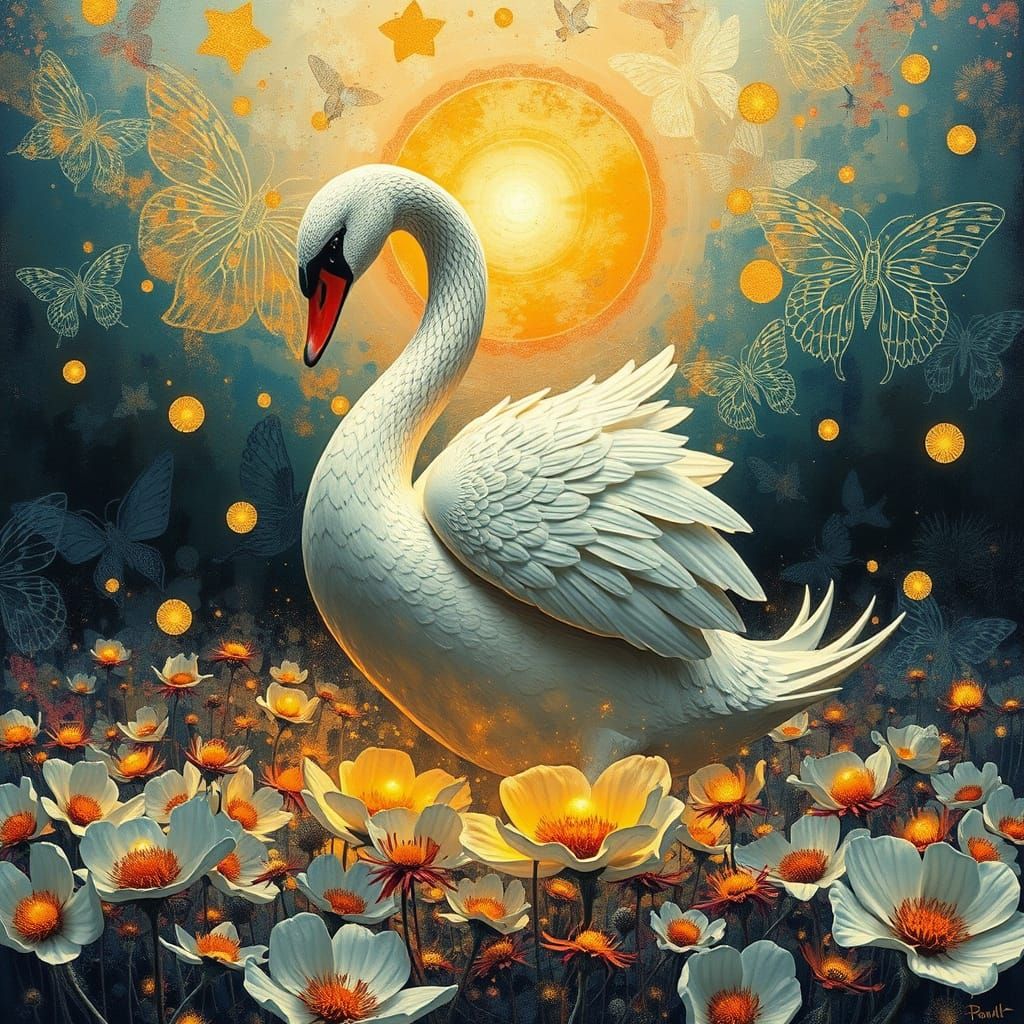 Majestic Swan Sculpture in Vibrant, Polychromatic Colors