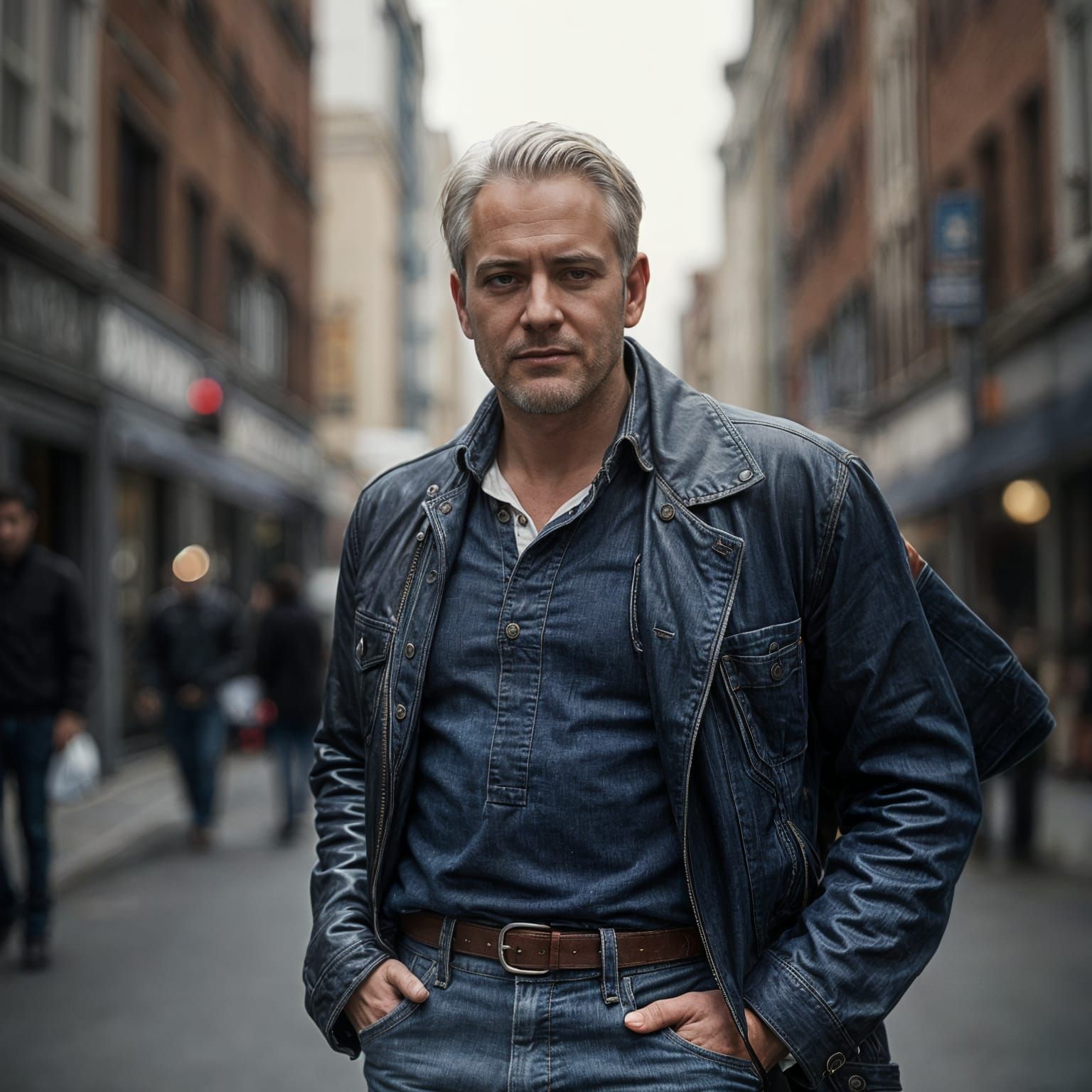 Man in 50s Double Exposure with Urban Street Scene