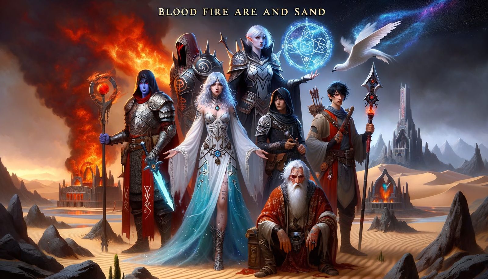 cover art for a dnd setting Called "Blood Fire and Sand"Cent...