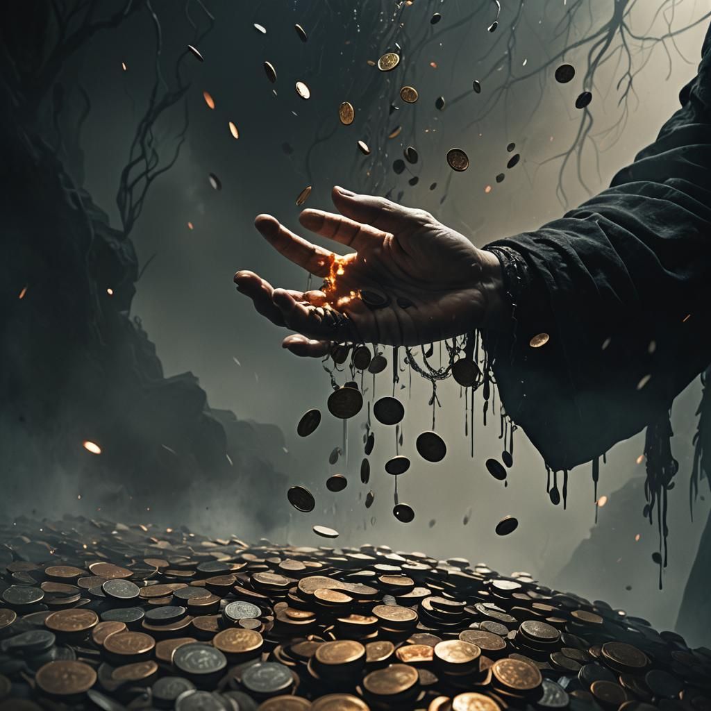 Ethereal Entity Releasing Dark Coins: Dark Fantasy Illustrat...
