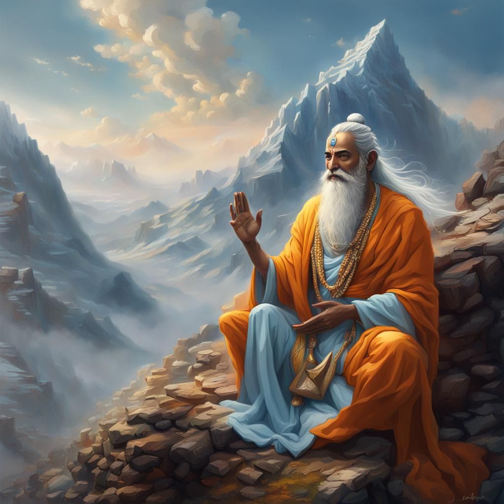 Sage Agastya and Lord Rama on Mountain Peak